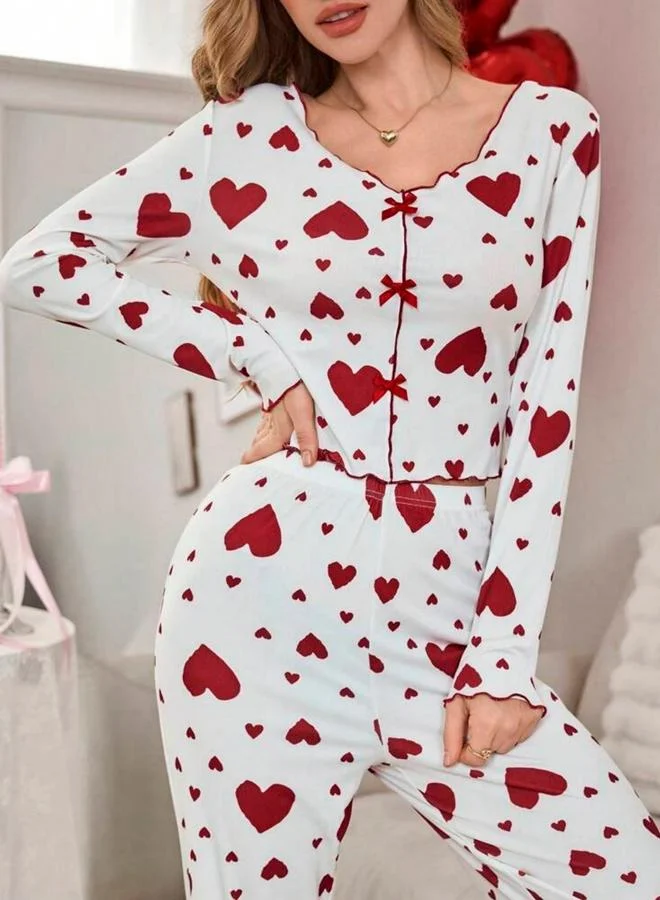 Take Two white Love-Heart Printed Long Sleeve Top and Pyjama Set for Women | Best Price UAE